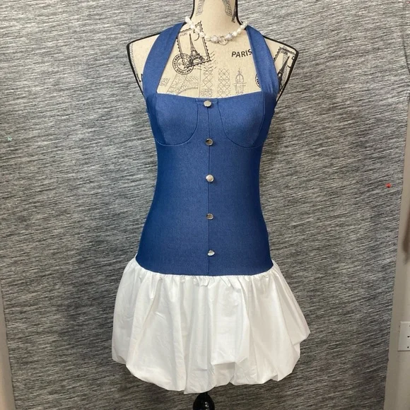 21 Saints | Dresses | Blue And White Halter Mini Bubble Skirt Dress